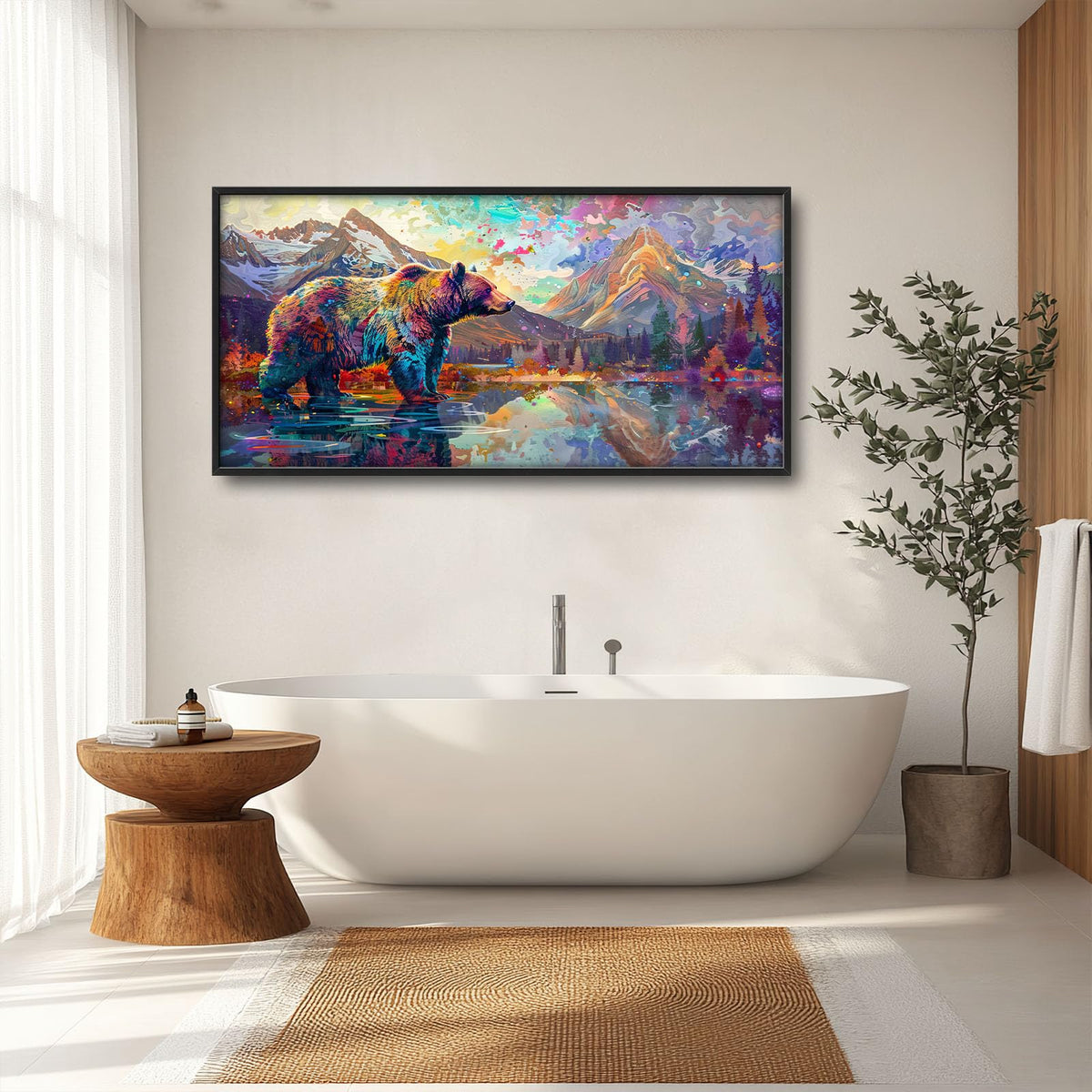 Bear Large Wall Art Bear Mountain Pictures Wall Decor Lake Landscape Canvas Painting Modern Artwork Home Decoration for Living Room Bathroom Bedroom Office Framed 60"x30" (Bear / 60"L x 30"W)