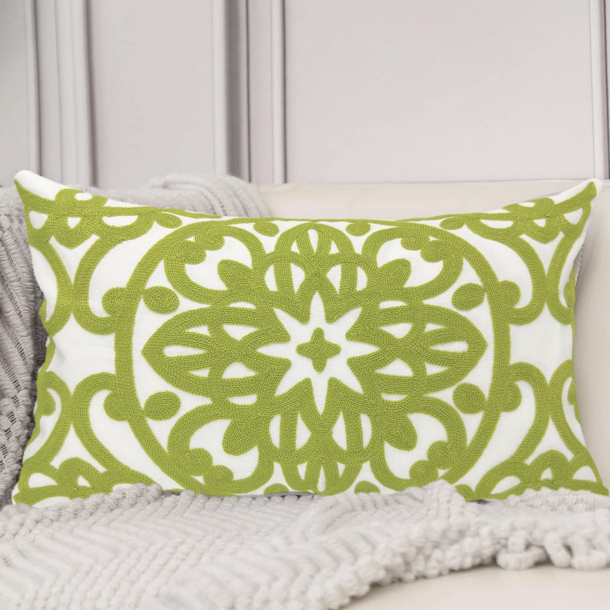 Boho Embroidered Lumbar Throw Pillow Cover 12"x 20" (Chartreuse Green / 20" x 12" (Pack of 1))