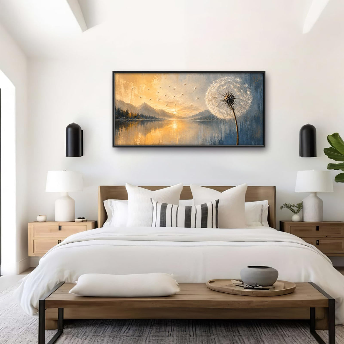 Large Framed Dandelion Wall Art Sunset Landscape Wall Decor 60"x30" (Dandelion / 60"L x 30"W)