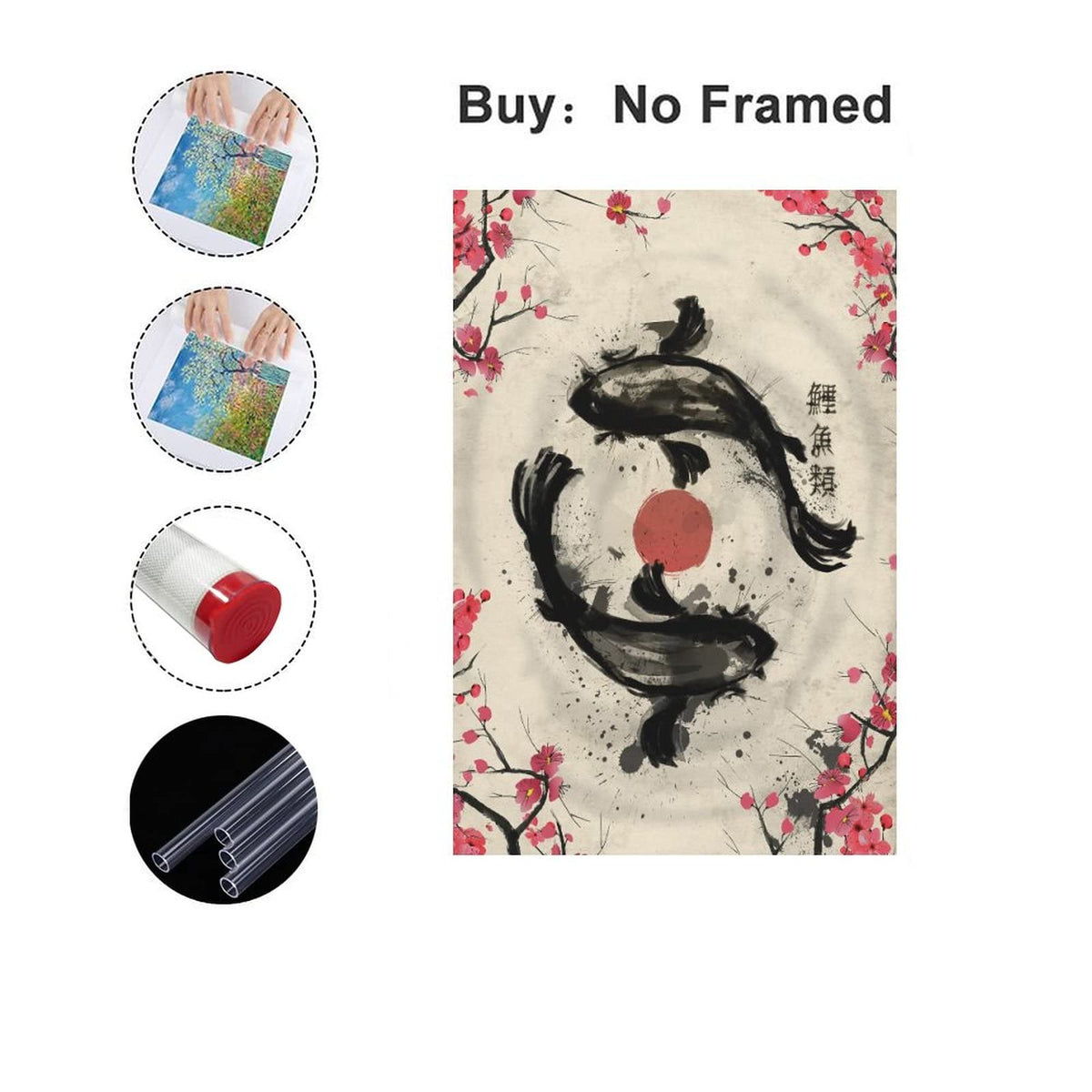 Japanese Retro Ink Painting Sakura Yin Yang Koi Fish Art Print Canvas Painting Home Decoration For Living Room Bedroom Unframed 16 x24 inches (24"L x 16"W / Unframe-12)