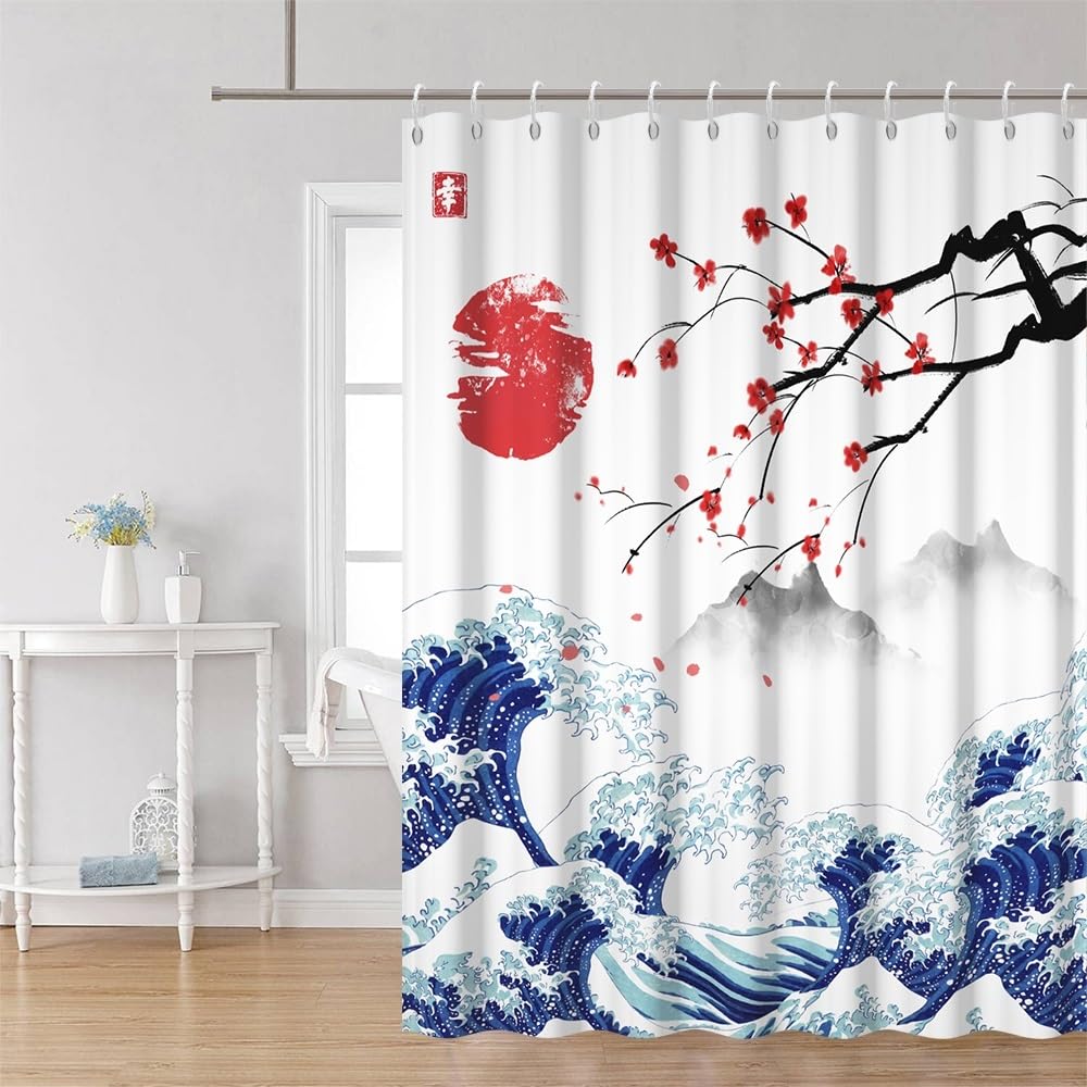 Traditional Japanese Painting Shower Curtain Kanagawa Great Wave Shower Curtain Red Sun Cherry Blossom Japanese Mountain Scenery Bathroom Curtains Waterproof Polyester Fabric with Hooks 54x72 Inch (54"W x 72"L (Pack of 1) / Blue-28)