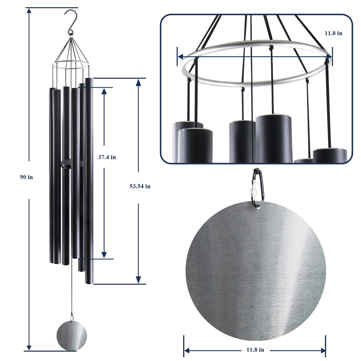 90 Inch Wind Chimes for Outside with Precision Tuned (90“-Black)