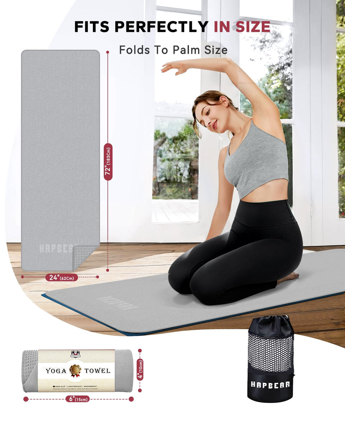 Non Slip Yoga Mat Towel with Grip Dots (Grey)