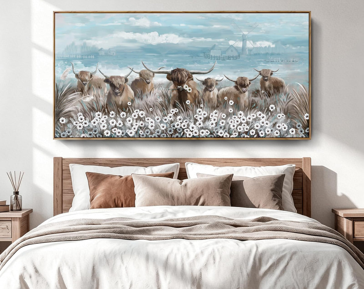 Extra Large Framed Wall Art for Living Room Big Boho Farmhouse Highland Cow Canvas Artwork Flower and Animal Picture Rustic Coastal Blue and Brown Decor for Office Bedroom Kitchen (Highland Cow Wall Art / 58"L x 29"W)