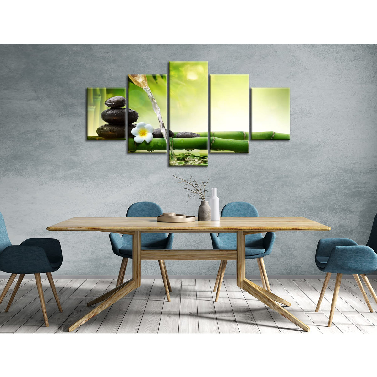 Zen Basalt Stones and Bamboo Wall Art Yoga Spa Canvas Printed Wall Decor Green Picture Poster Painting Framed for Office Living Room Bathroom Decoration 5 Panels Ready to Hang (60Lx 32W-14)