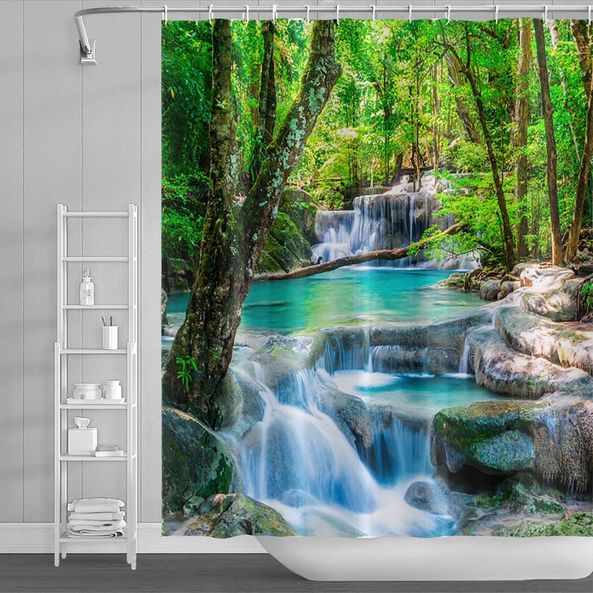 72x84inch Waterfall Shower Curtain Tropic Landscape Stream Flowing Over Rocks in Forest Woodland Nature Scenery Bathroom Set Spring Summer Green Plant Bath Curtain Fabric Polyester with Hooks (72"W x 84"L (Pack of 1) / Green04)