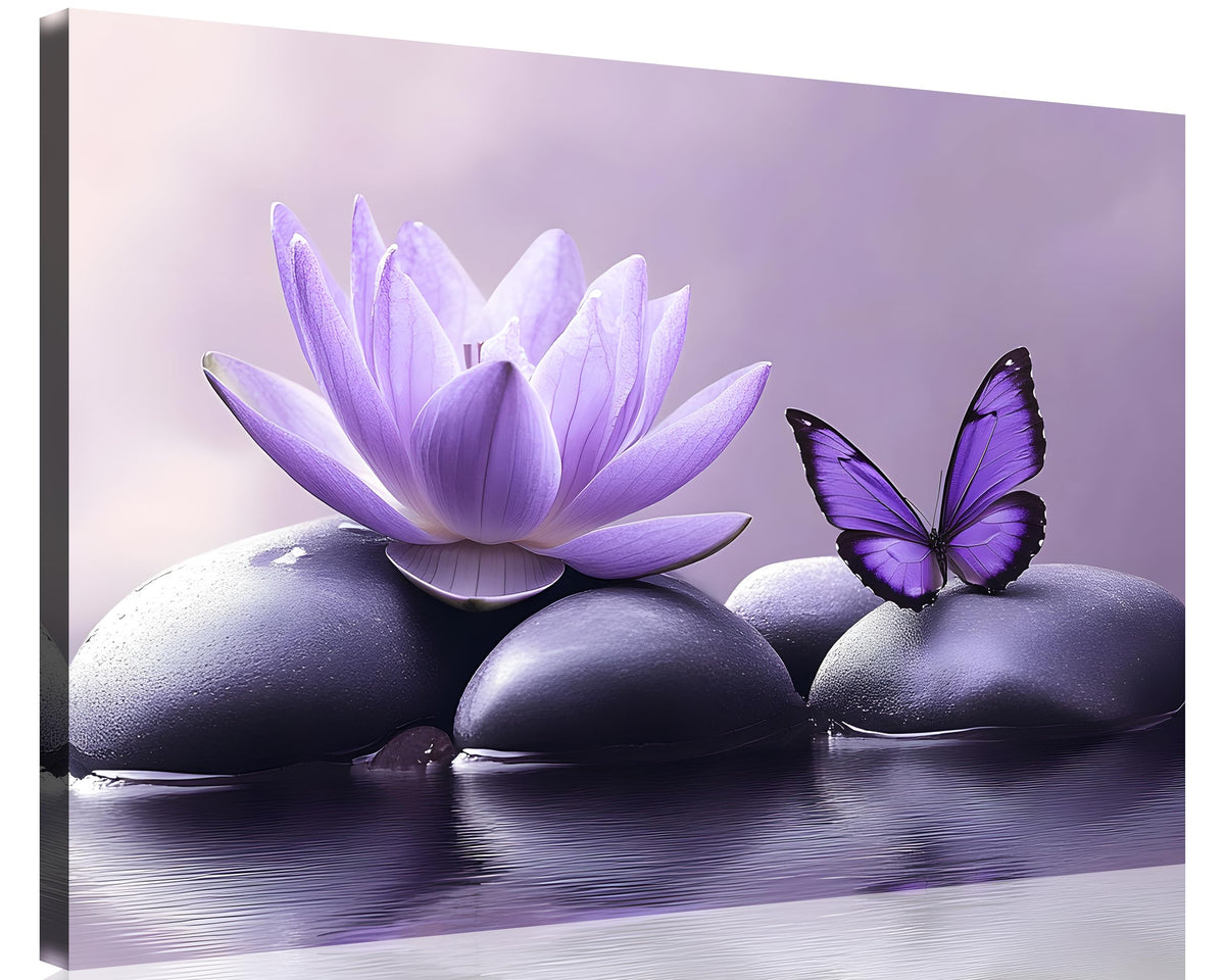 1 Panel Purple Canvas Wall Art Purple Pictures Spa Stone with Water Lily Butterfly on the Water Pictures Poster Zen Wall Art for Living Room Bedroom Ready to Hang (24"L x 16"W / Purple Zen 2)