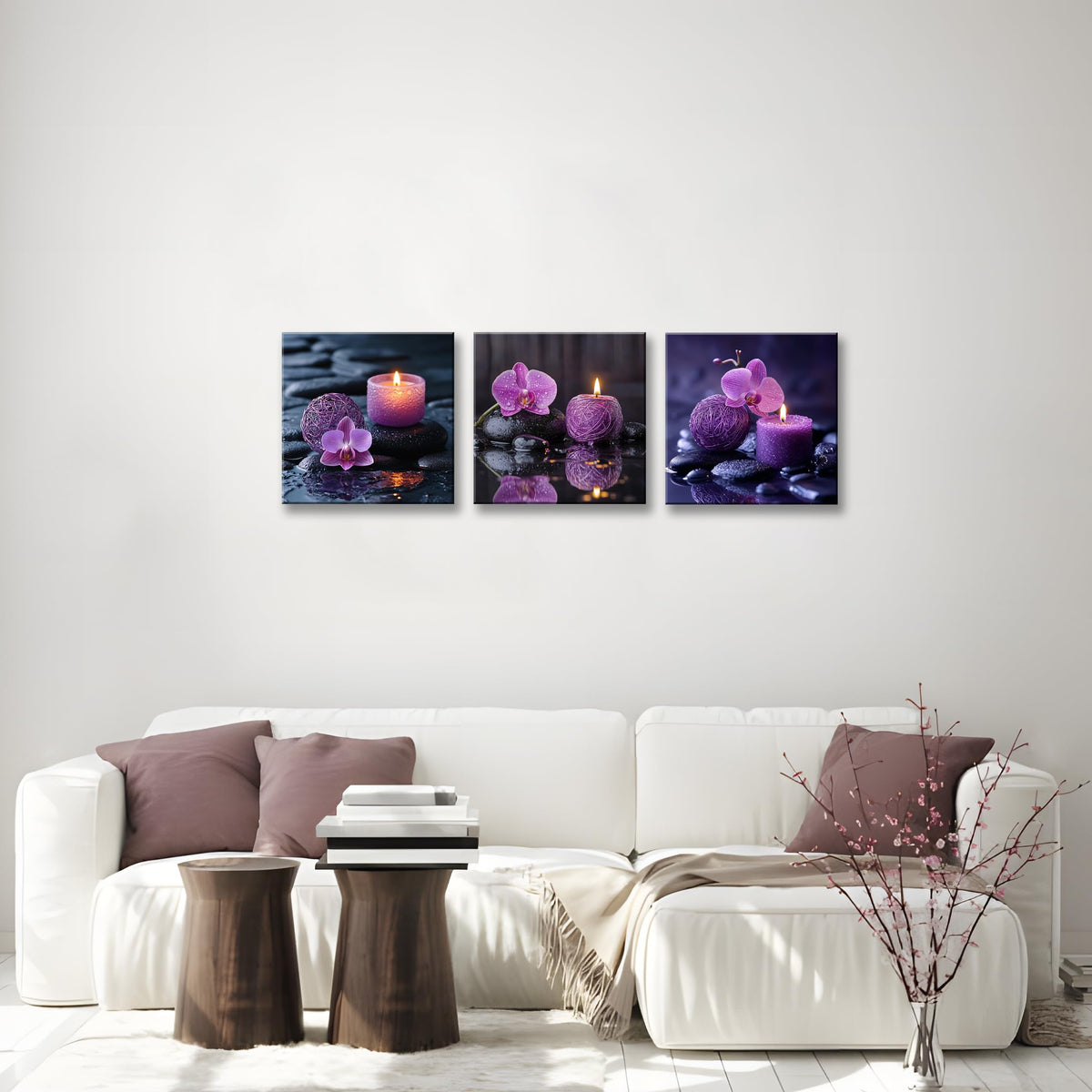 3PCS Zen Canvas Wall Art Purple Orchid Spa Decor Aromatherapy Candle Black Stone Prints Modern Meditation Room Decor Bathroom Yoga Studio Wall Pictures Relaxing Home Artwork Ready to Hang (12X12inchX3pcs / Serenity in Purple)