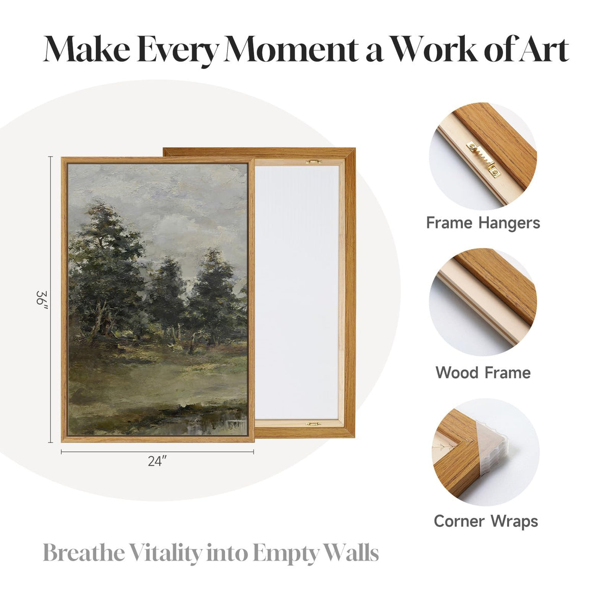 3 Piece Large Framed Vintage Landscape Wall Art for Living Room (Green and Gray / 24" W x 36" H x 3Pcs)