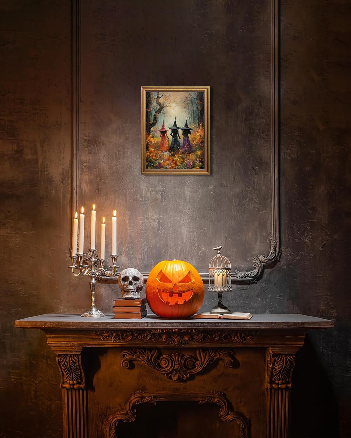 Halloween Three Witches Canvas Wall Art Gold Framed Fall Wall Decor (Halloween Painting / 10"L x 8"W)