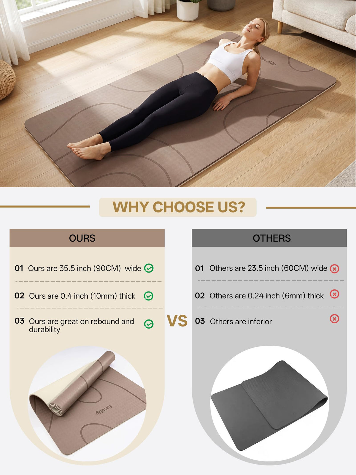 Large Yoga Mat 73x35.5x0.4" (Brown/Beige)