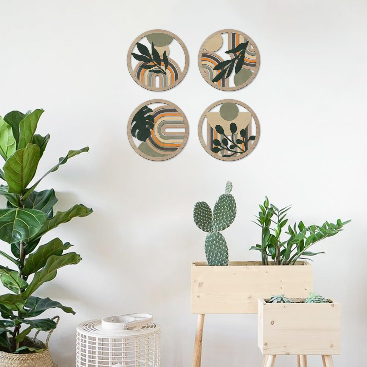 4PCS Boho Botanical Wooden Wall Art Abstract Bohemian Hanging Sign (4Pieces Boho Botanical Wooden Wall Art)