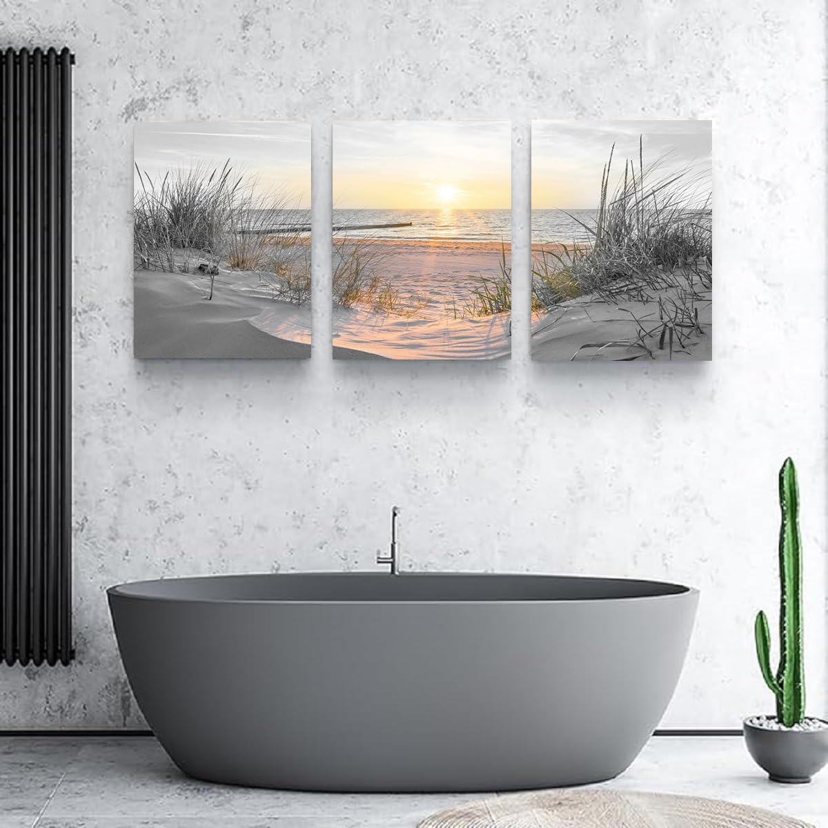 Living Room Wall Art Black and White Bathroom Wall Decor Beach Picture Coastal Sunset Prints Ocean Postes Seascape Artwork Sea Scene Painting Modern for Bedroom Office Decorations (BAsunB-3 / 16"x24"inches x 3 pcs)