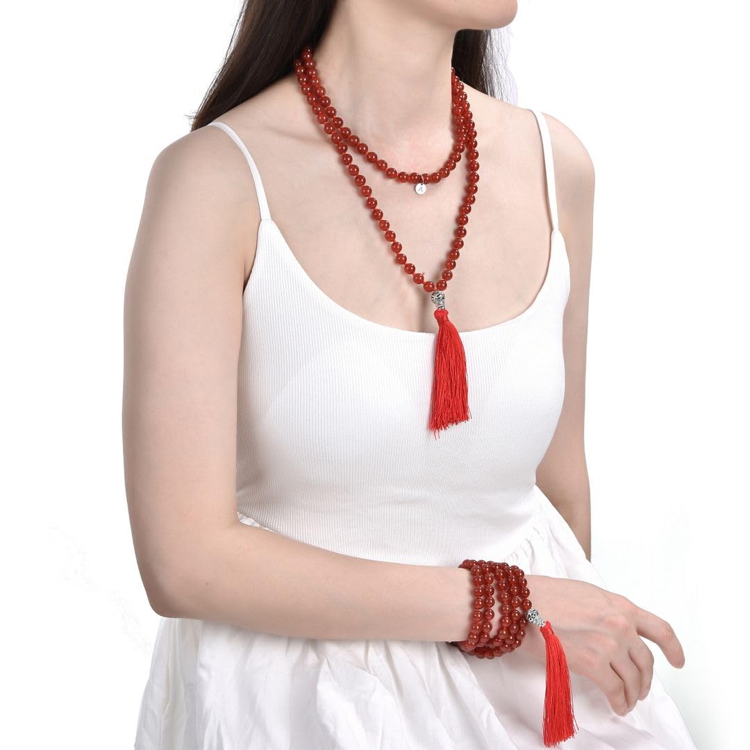 Real 108 Mala Beads 8mm Red Carnelian Agate Stone Beaded Necklace (Carnelian)