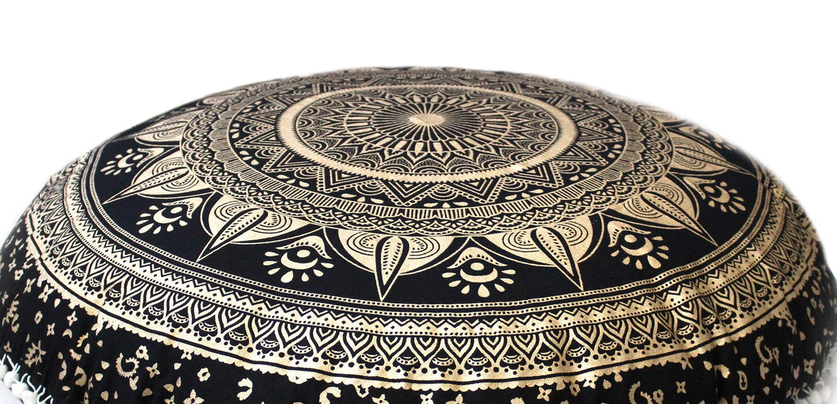 32" Bohemian Floor Pillow Cover Boho Large Round Pouf Cover Mandala Meditation Room Pillows Cover for Adults Seating Poufs Cushion Cover for Kids Playroom Black Gold Trishul (Black Gold Trishul)