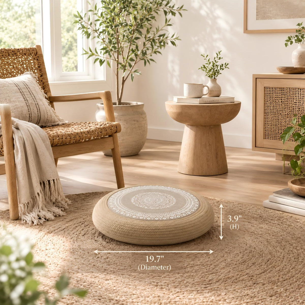 Handwoven Jute Pouf Ottoman (Yellow Brown White / 19.7"D x 19.7"W x 3.9"H)
