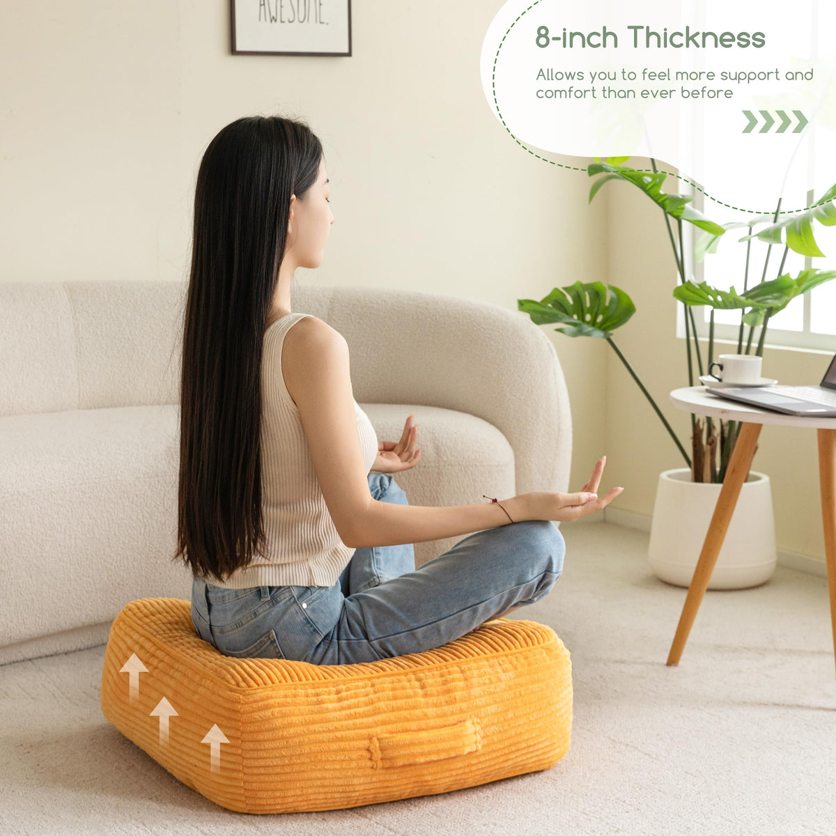 8" Extra Thick Floor Pillow Cushion for Adults (Square Orange / 8" Thick(Pack of 1))