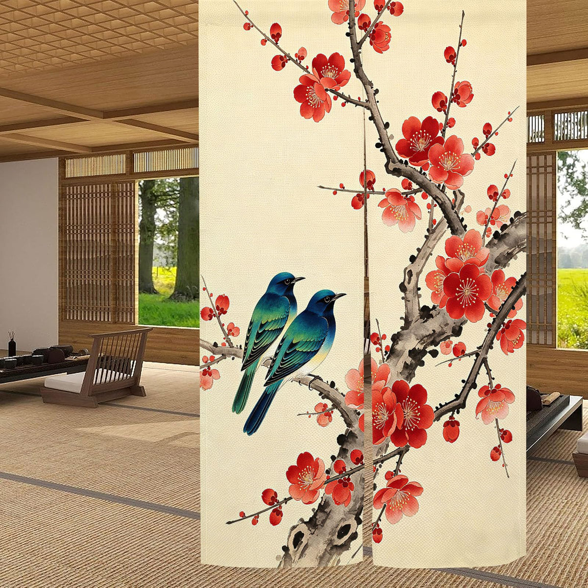 Japanese Noren Doorway Curtain New Chinese Bird Flower Tapestry 33.5x59inch (Beige Red / 33.5"W x 59"L (Pack of 1))
