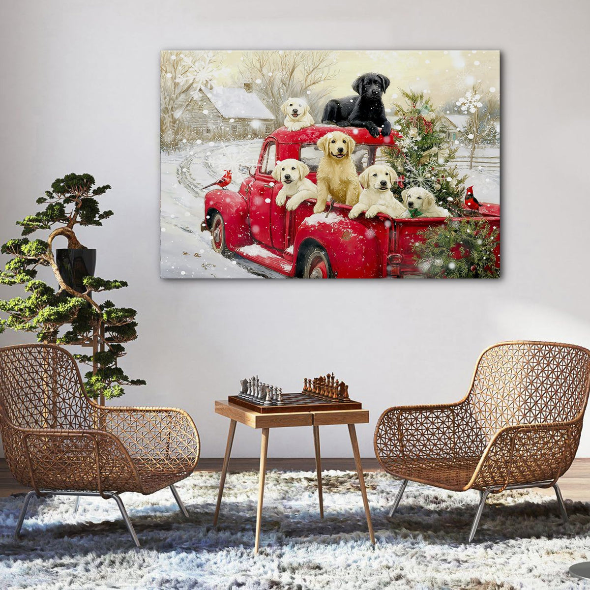 Vintage Christmas Wall Art Winter Farmhouse Scenic Wall Decor Red Truck Christmas Tree Canvas Prints Cute Puppy Pictures Snow Country Landscape Artwork for Bedroom Kitchen Home Decorations 32x48" (48"L x 32"W / Xmas Puppy)