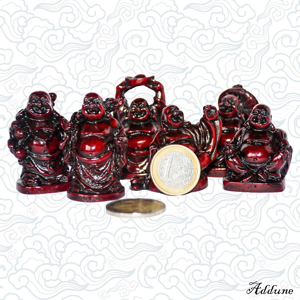 Set of 6 Laughing Happy Buddha Statue Resin Figurines Feng Shui for Luck Wealth Good Gift and Collection (Dark Red / 2'')