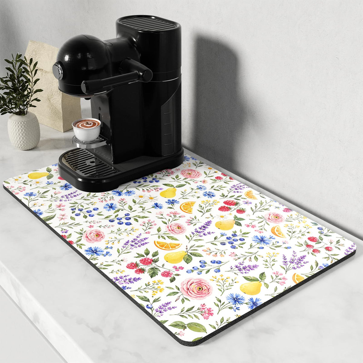Coffee Mat 12" x 19" Coffee Bar Mats for Espresso Machine Station Accessories and Organizer (Cottagecore Wildflower / 12" x 19")