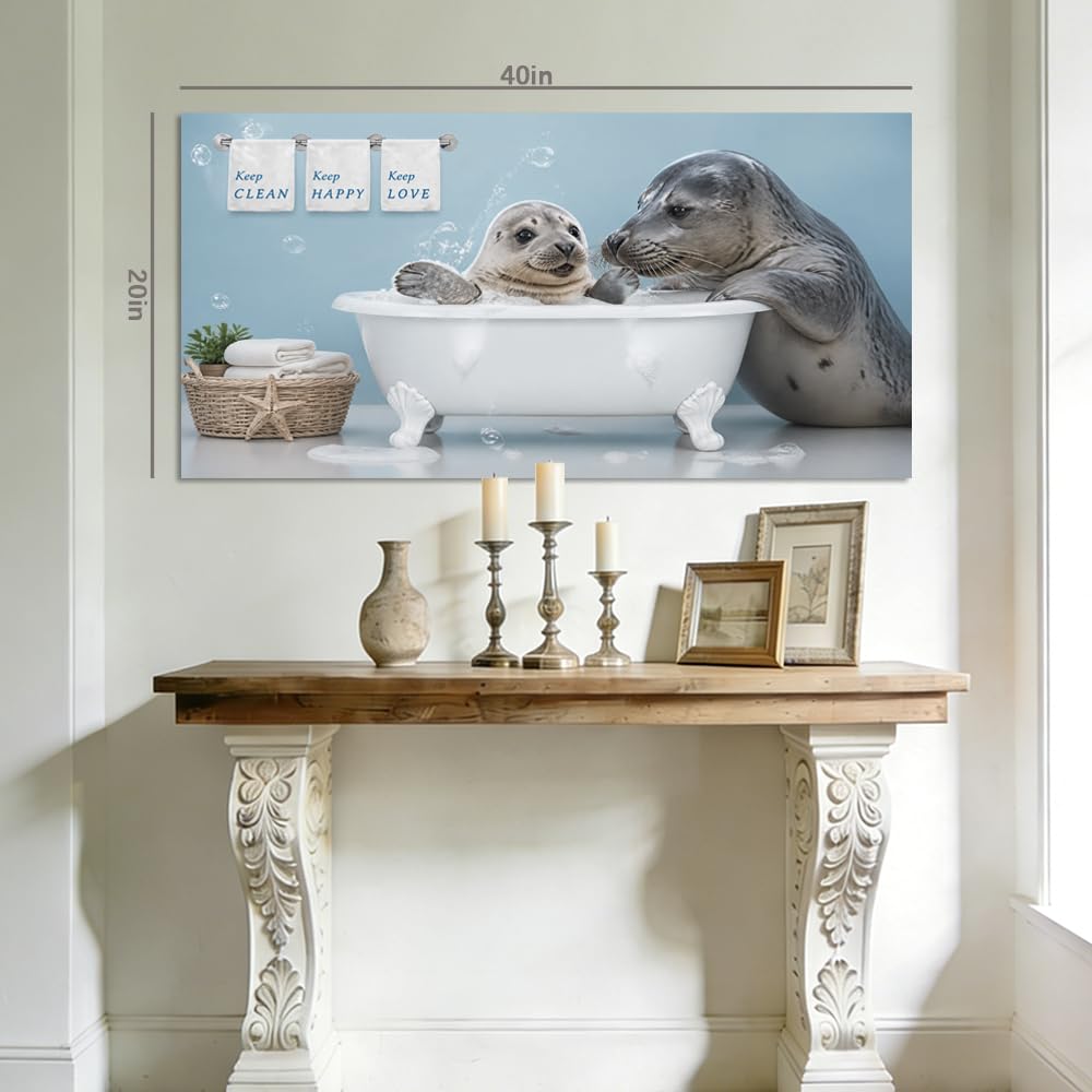 Cute Baby Seal Bubble Bath Canvas Wall Art Funny Animal Bathtub Painting Flat Print Gallery Wrapped Artwork for Living Room Bedroom Bathroom Decor (Wildlife / White Baby Seals Bathtub 22 / 58"L x 28"W)