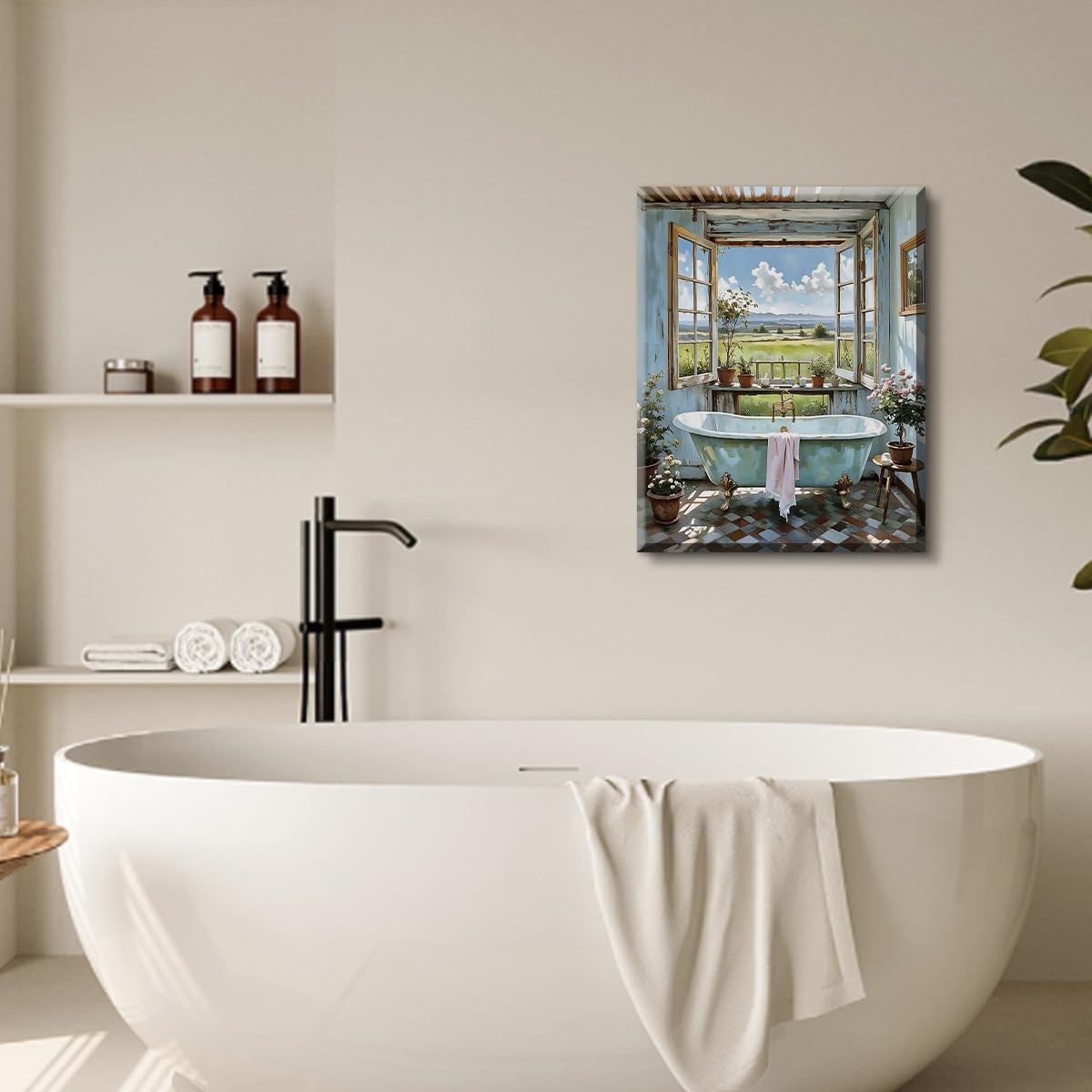 Vintage Blue Bathroom Wall Art Canvas Print Bathtub Framed Art Poster (Vintage Bathtub Flowers Botanical Pictures Wall Art Prints (Ready to Hang))