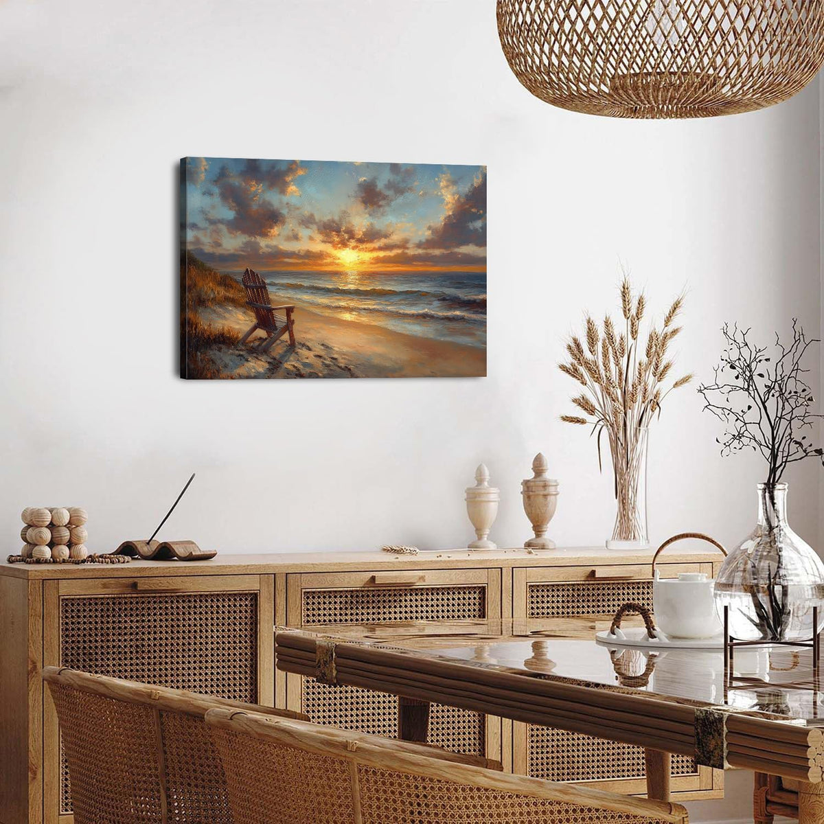 Sunset Beach Canvas Wall Art Living Room Abstract Ocean Nature Artwork Print Beach Chair Coastal Picture Poster Nautical Natural Landscape Painting for Bathroom Office Vintage Home Decorations 16x24” (24"L x 16"W / Beach)