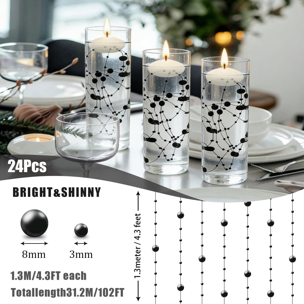 24 Items Black Artificial Pearls Beads String for Floating Candles (Black)