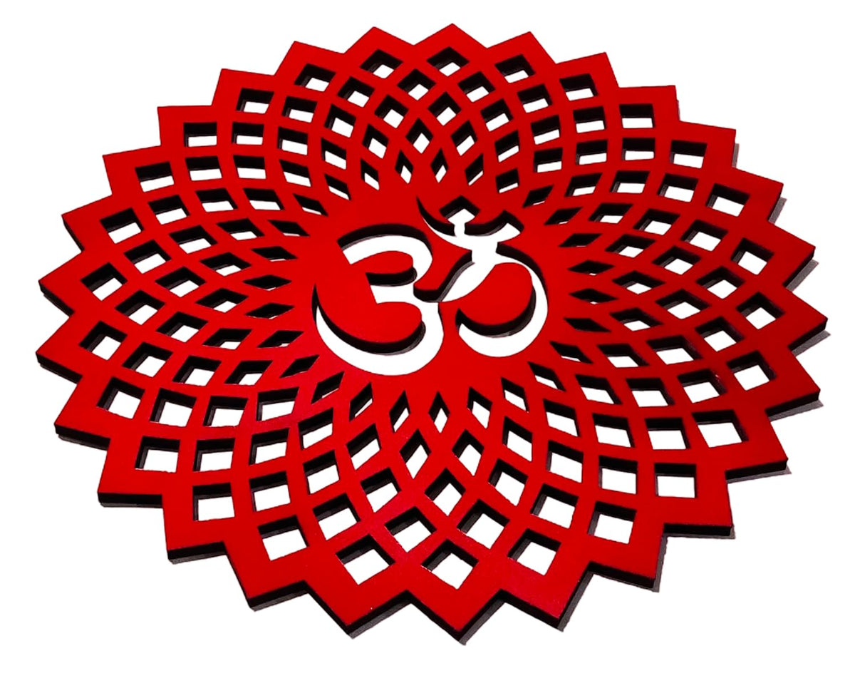 Red Om Round Decorative Wall Art Mdf Wooden Om Chakra For Temple (GEOMETRY OM-Red / 10"L x 10"W)
