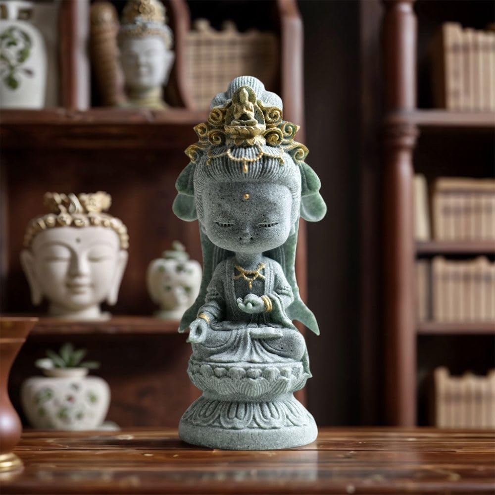 Small Guanyin Buddha Statue Quanyin Figurine Sandstone Decorative for Fish Tank Aquarium Decor (Gold)