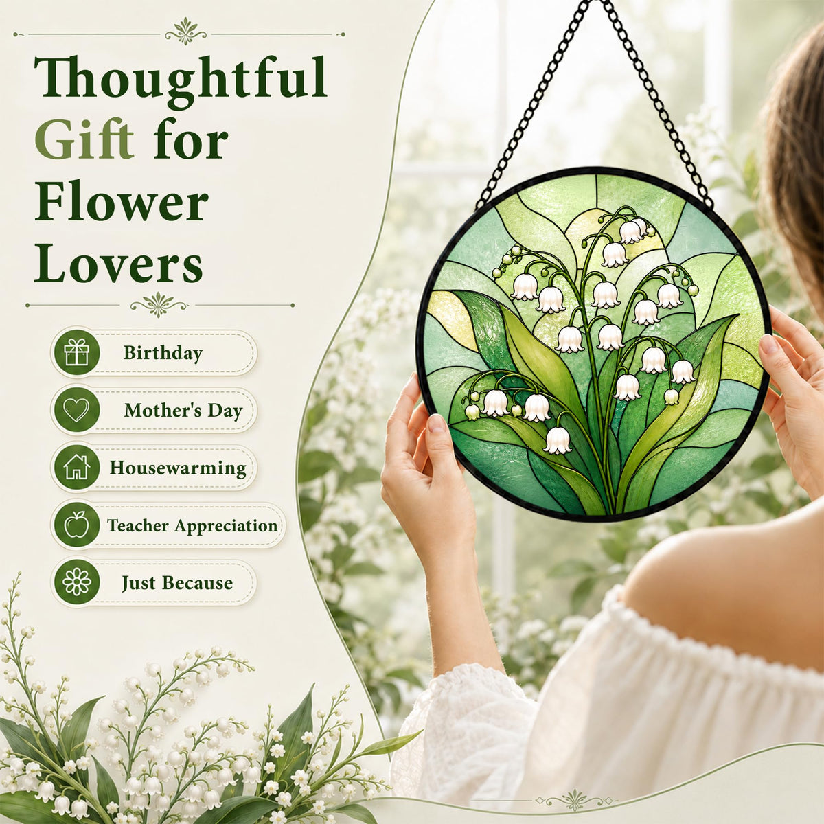 Lily of the Valley Gifts for Women Stained Glass Window Hanging 9.8in (Lily of the Valley / 9.8 x 9.8 IN)