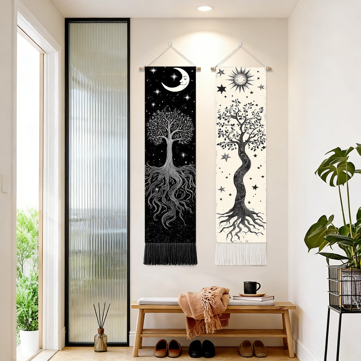 2 Pack Long Vertical Wall Tapestry (Night Forest Moon / 13"Wx51"H)