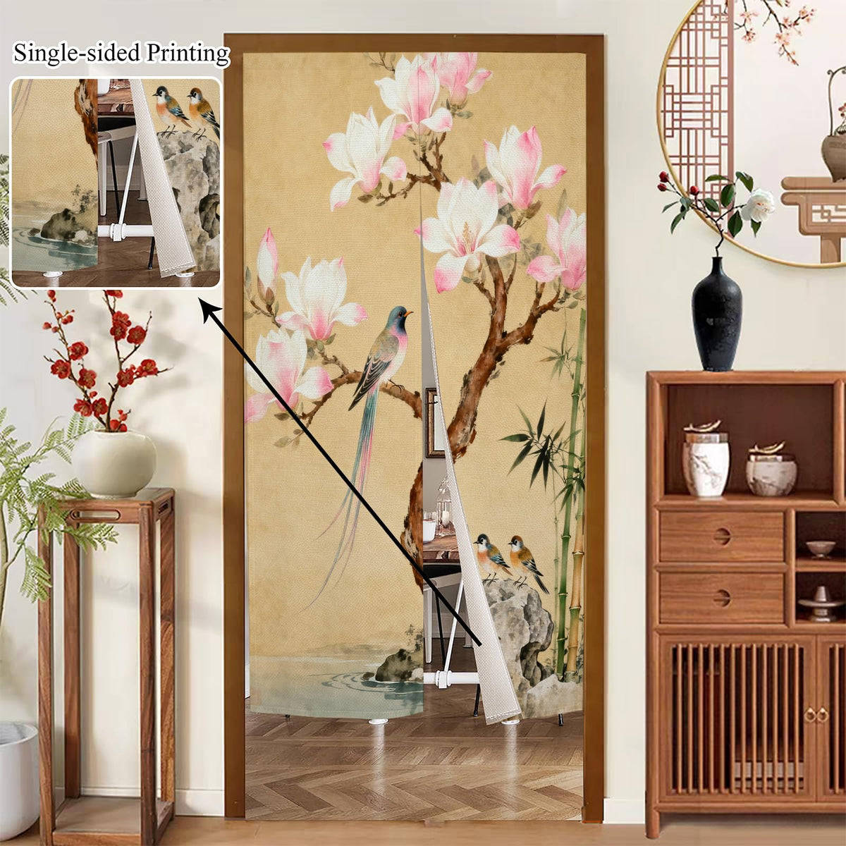 Noren Doorway Curtain Flower Bird Door Curtains 33.5x59inch (Beige Pink / 33.5"W x 59"L (Pack of 1))