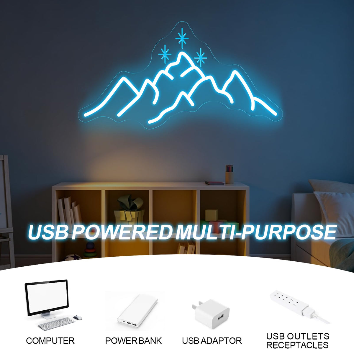 ACOTAR Neon Sign Mountain With Star LED Light Book Lover Gift (Mountain Star-Ice Blue)