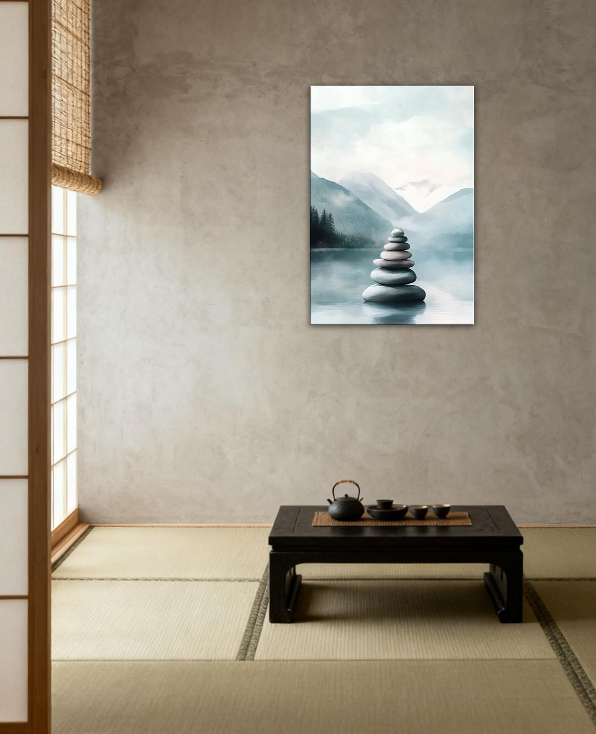Zen Stones Canvas Wall Art Watercolor Spa Stone Pictures Minimalist Mountain Nature Scene Painting Zen Meditation Calming Home Decor Ready to Hang (Artwork-4 / 42L" x 28W")