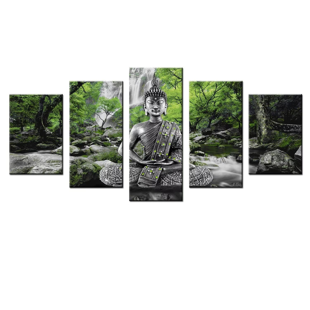 Buddha Wall Art Canvas Painting Framed 5 Panels for Living Room Decoration Modern Landscape Buddha Waterfall Trees Zen Stretched Artwork Giclee (Green / 60"x30")
