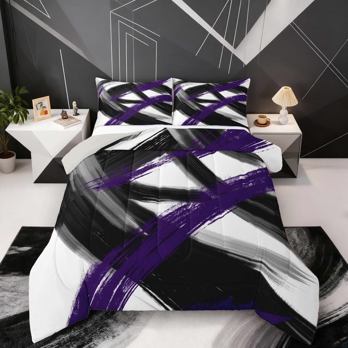 Black Purple Comforter Set Twin Size Abstract Geometric Bedding Set for Boys Girls Modern Minimalist Duvet Quilt Room Decor Breathable Soft Microfiber All Season 2Pcs with 1 Pillow Case (Multi 45689 / Twin)