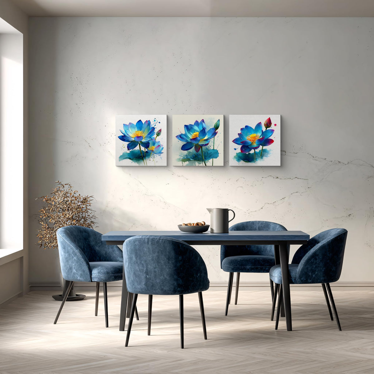 3Pcs Blue Lotus Watercolor Canvas Wall Art Print Blooming Flower Yellow Center Teal Purple Petals Botanical Floral Pictures for Bedroom Bathroom Living Room Decor Zen Artwork Ready to Hang (Blue Lotus / 16x16inchx3)