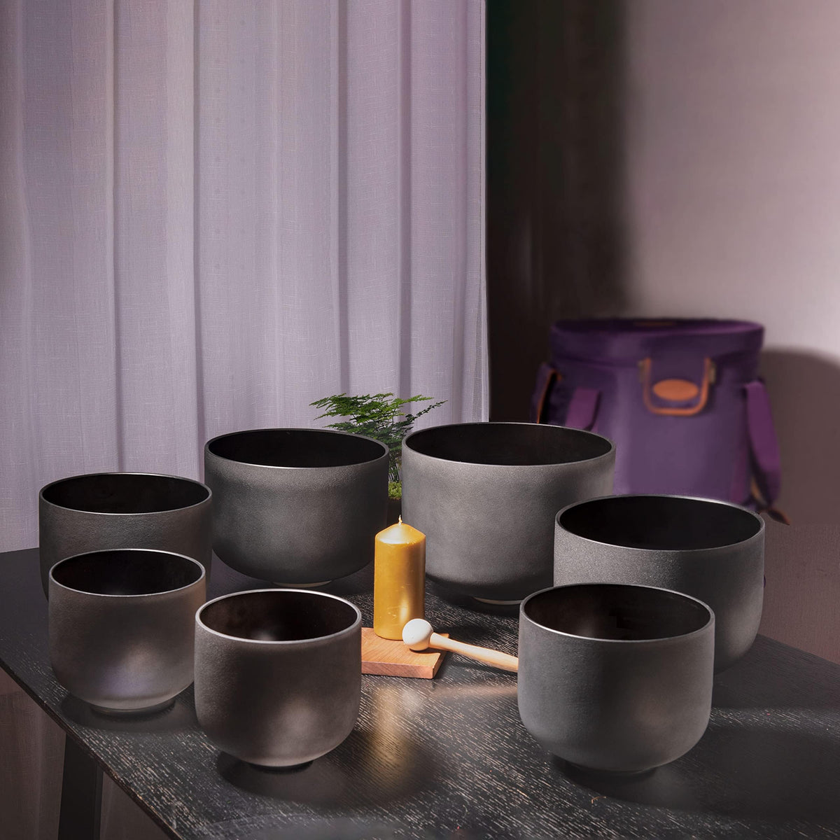 6 12 inch Chakra Set of 7 Black Crystal Singing Bowls with Heavy Duty Carrying Case and Singing Bowl Mallets (6-12 inch / Set of 7 Black Bowls)