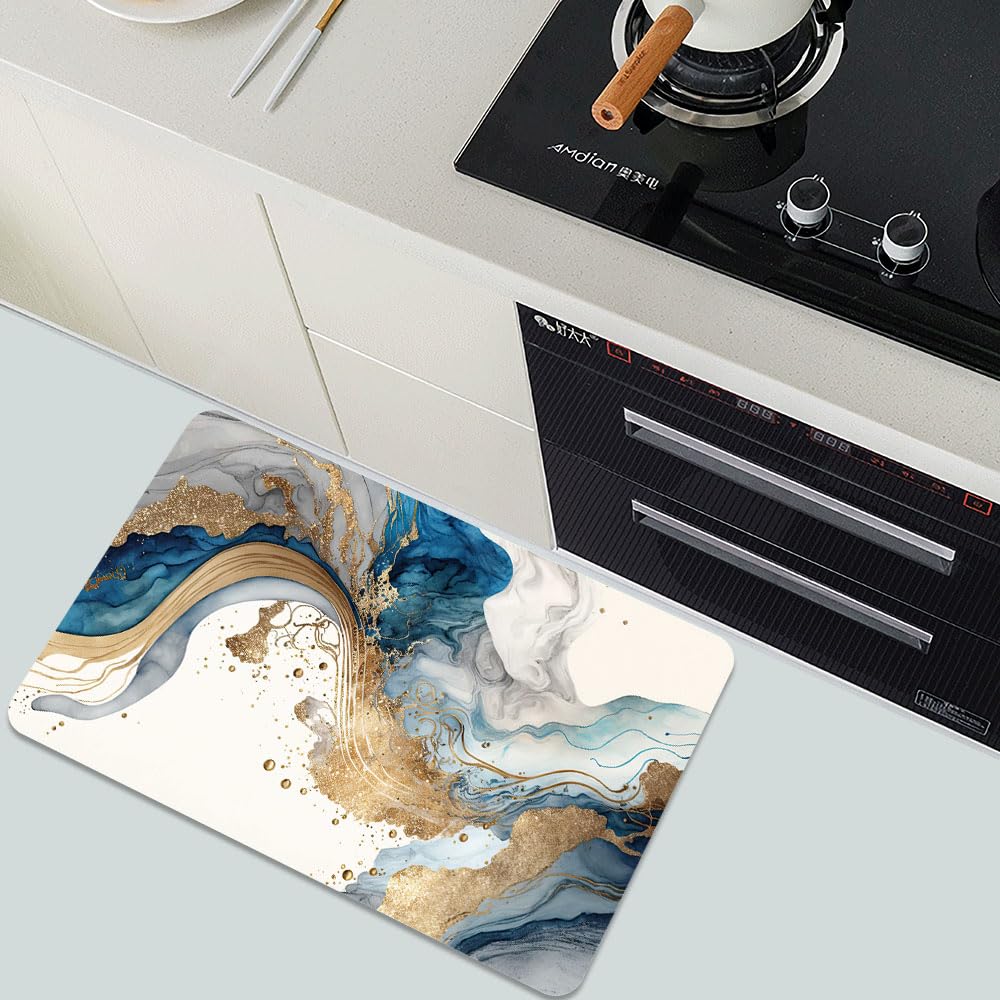 Bath Mat Bathroom Rug (Natural Blue and Gold Marble- / 17 x 27.5 inches)