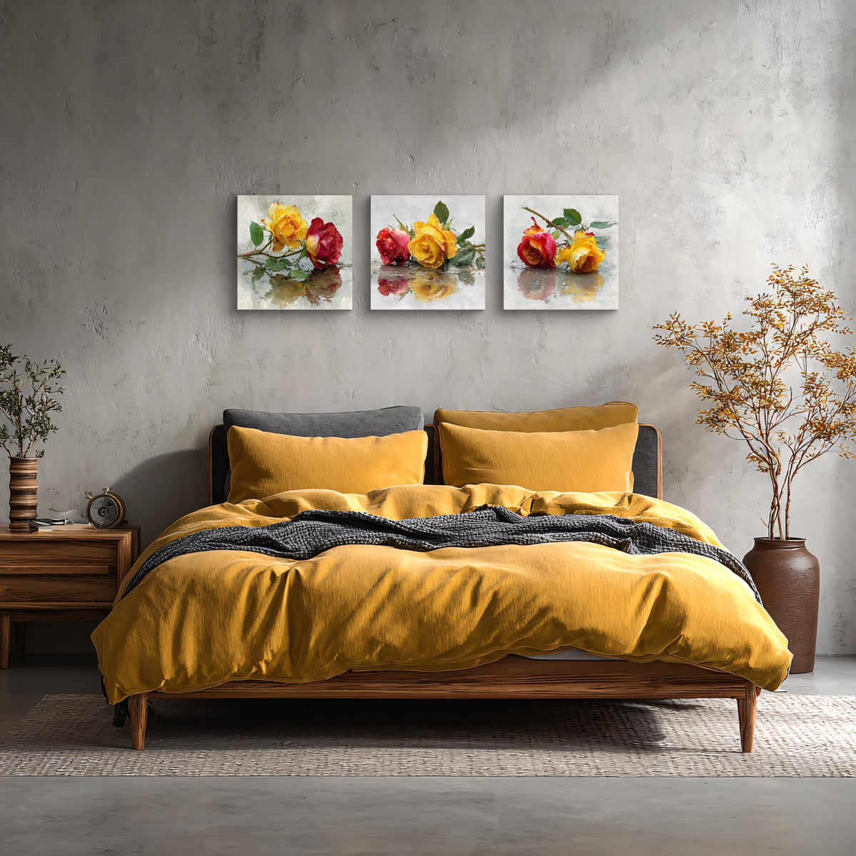 3Pcs Watercolor Rose Canvas Wall Art Yellow and Red Flowers Botanical Floral Painting with Dew Drops Romantic Nature Artwork Elegant Home Decor for Living Room Bedroom Dining Room Office (14 x 14 inches (3-Piece Set) / Yellow & Red Rose)