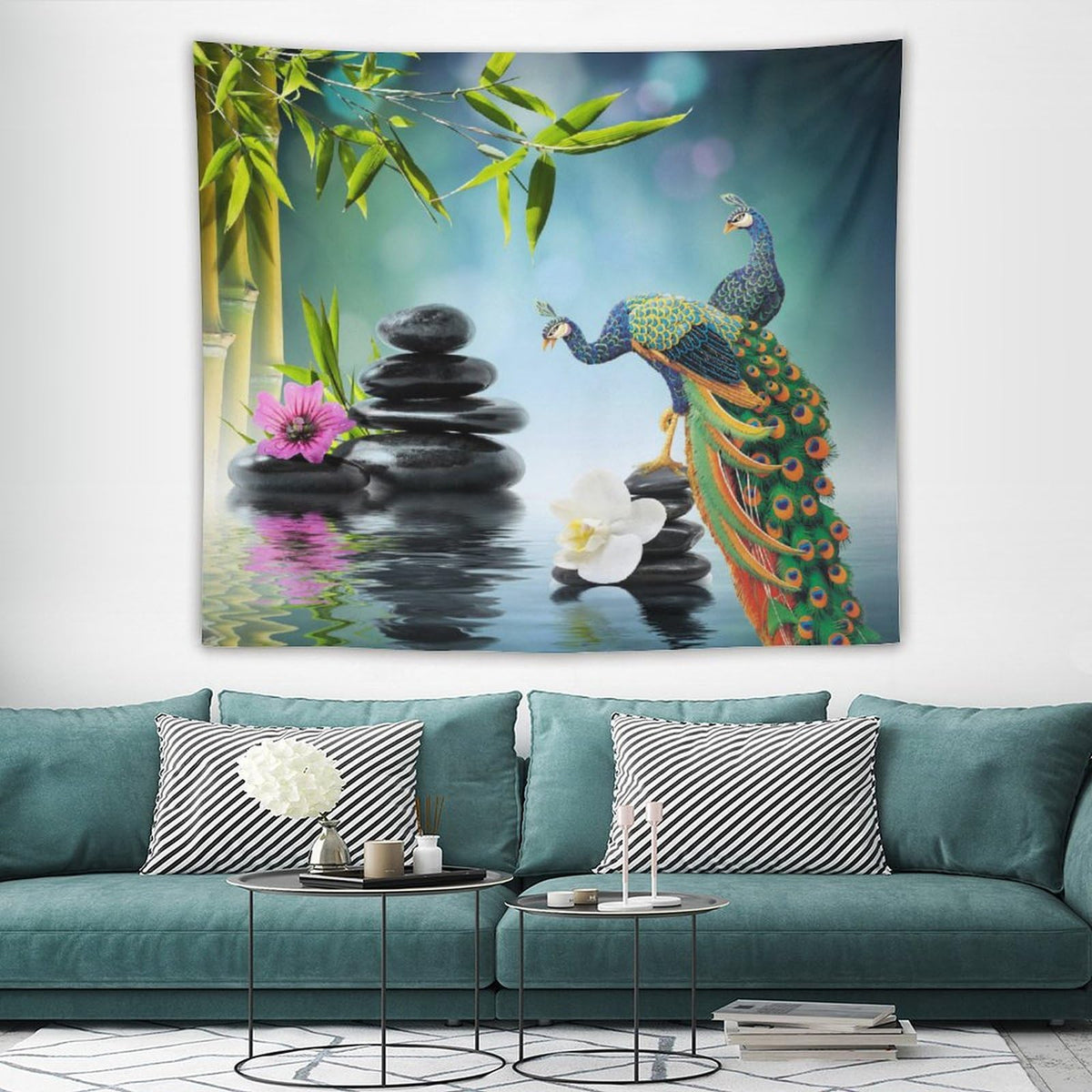 Zen Garden Tapestry Wall Hanging Peacock Green Bamboo Leaf Purple White Flower Black Stone Water Landscape Spa Themed Tapestries Home Decor for Living Room Bedroom 50"x60" (50"L x 60"W / Zen-9)