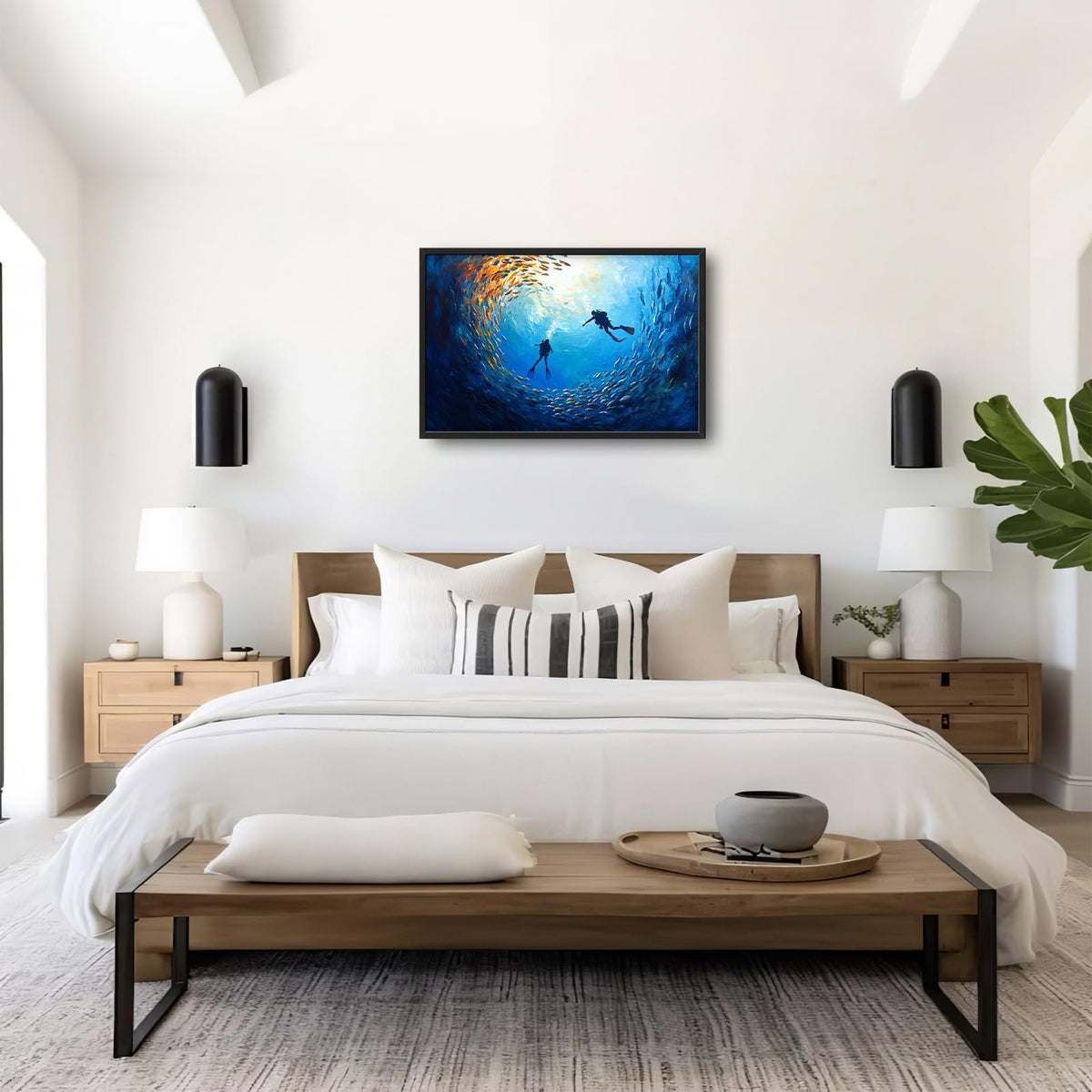 Large Framed Ocean Diving Wall Art Fish Wall Decor 36"x24" (dive / 36"L x 24"W)