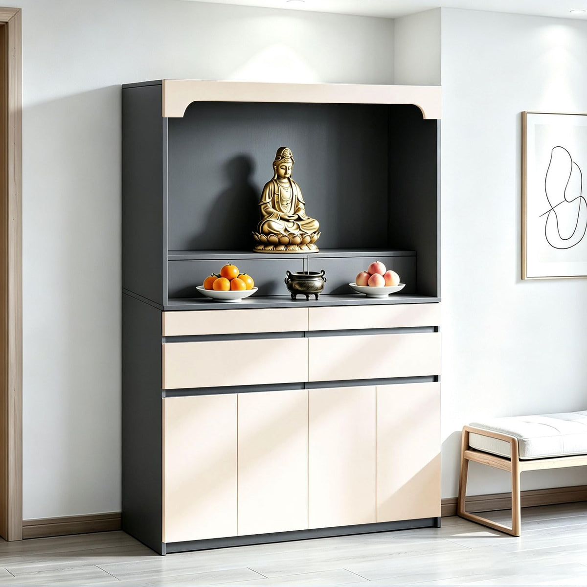 Altar Table Pooja Cabinet with Drawers and Storage Cabinets (47.2×15.7×65.4in / Beige+dark Gray)