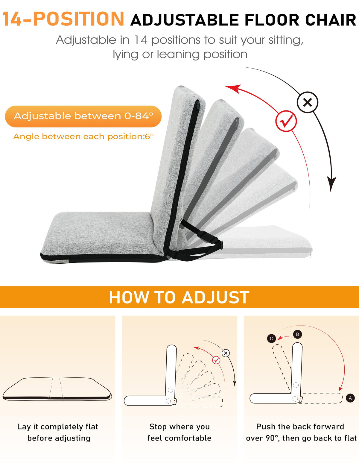 Adjustable Floor Chair with Back Support Foldable Meditation Chair (Dark Grey)