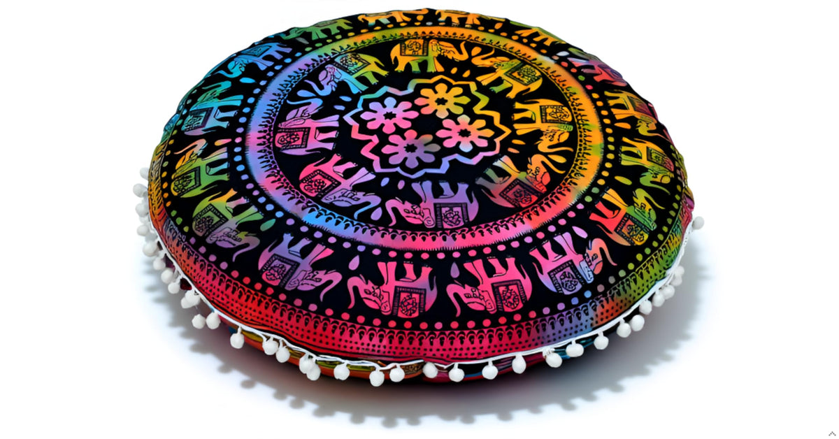 22" Round Mandala Boho Pillow Cover Meditation Room Seating Poufs Cover for Living Room Yoga Room Home Bedroom Balcony Garden Party Decoration Cotton Floor Cushion Cover (22" / Multi U.p Elephant)