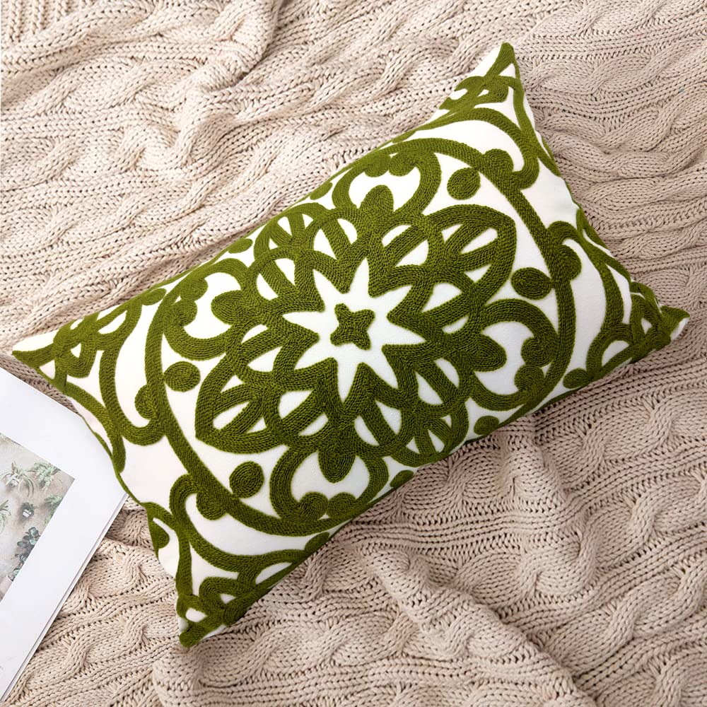Embroidered Lumbar Throw Pillow Cover 12"x 20" (Olive Green / 20" x 12" (Pack of 1))