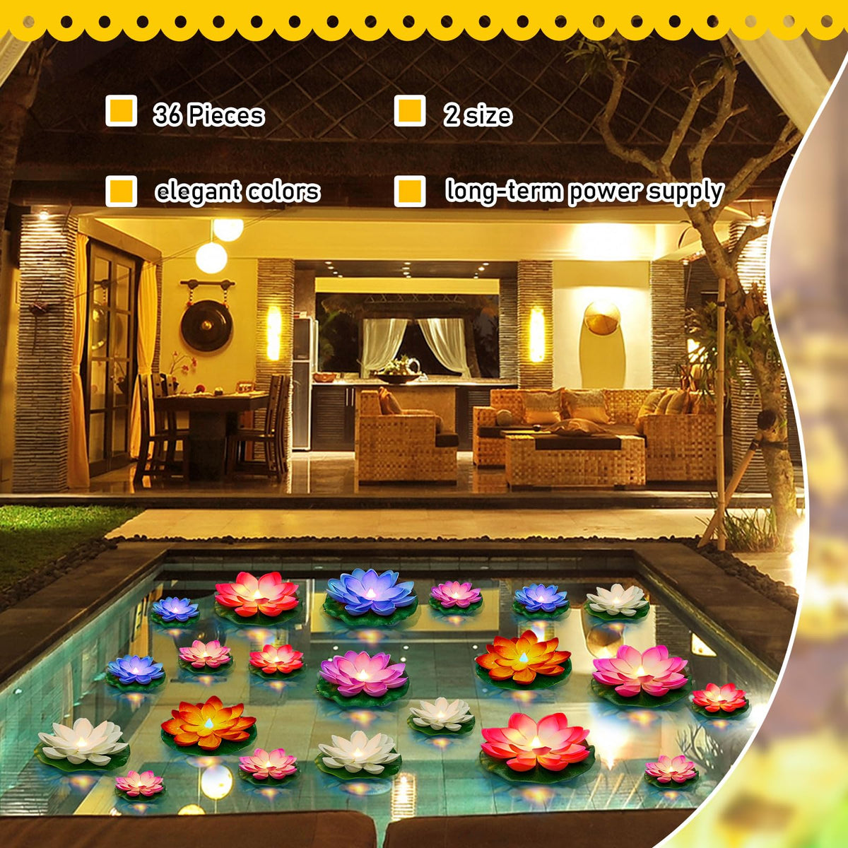 36 Pcs Diwali Floating Lotus Lights (Rich Color / 3.94, 5.91 Inch)