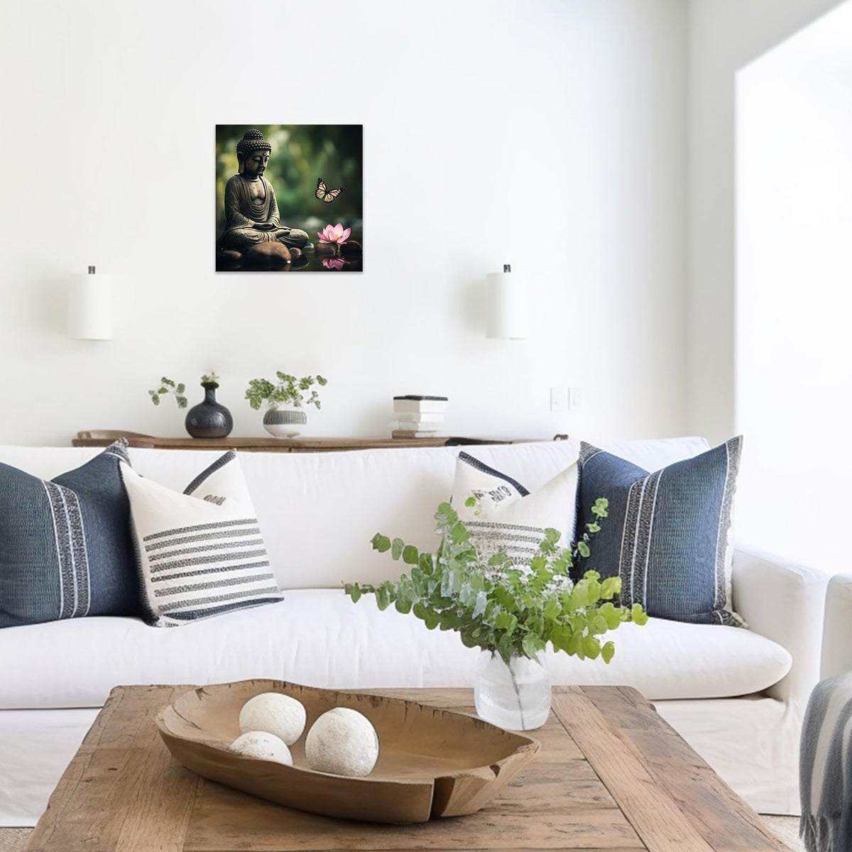 Green Zen Wall Art Buddha Pictures Lotus Flower Art Print With Butterfly Spa Artwork Canvas Calming Meditation Spiritual Bathroom Decor Framed (E / 32"L x 32"W)